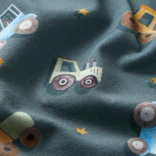 Tela de jersey de algodón orgánico Tractores y camiones Impresión digital – azul gris, 