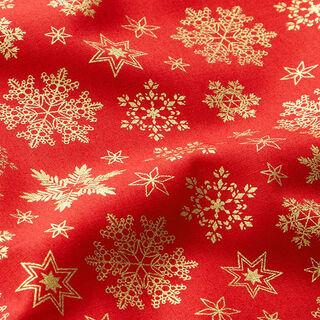 Tela de algodón Popelina Cristales de nieve – rojo/dorado, 
