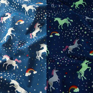 Tela decorativa Unicornios bailando Brilla en la oscuridad – azul océano/rosa, 