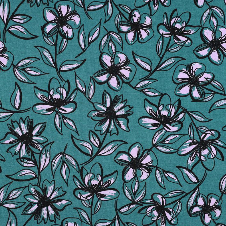 Tela de jersey romaní Flores – petroleo/lila,  image number 1