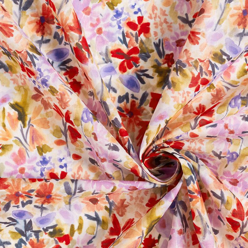 Gasa de algodón con impresión digital de pradera floral de acuarela – marfil/rojo,  image number 3