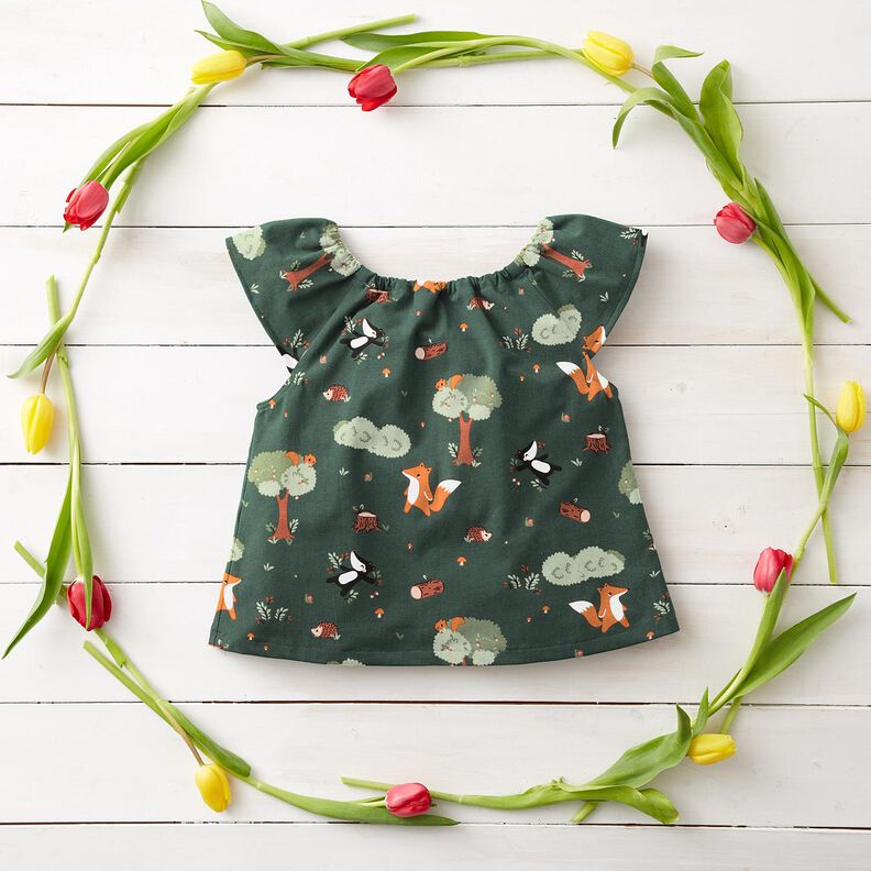 Popelina de algodón Animales del bosque felices – verde oscuro/naranja melocotón,  image number 6