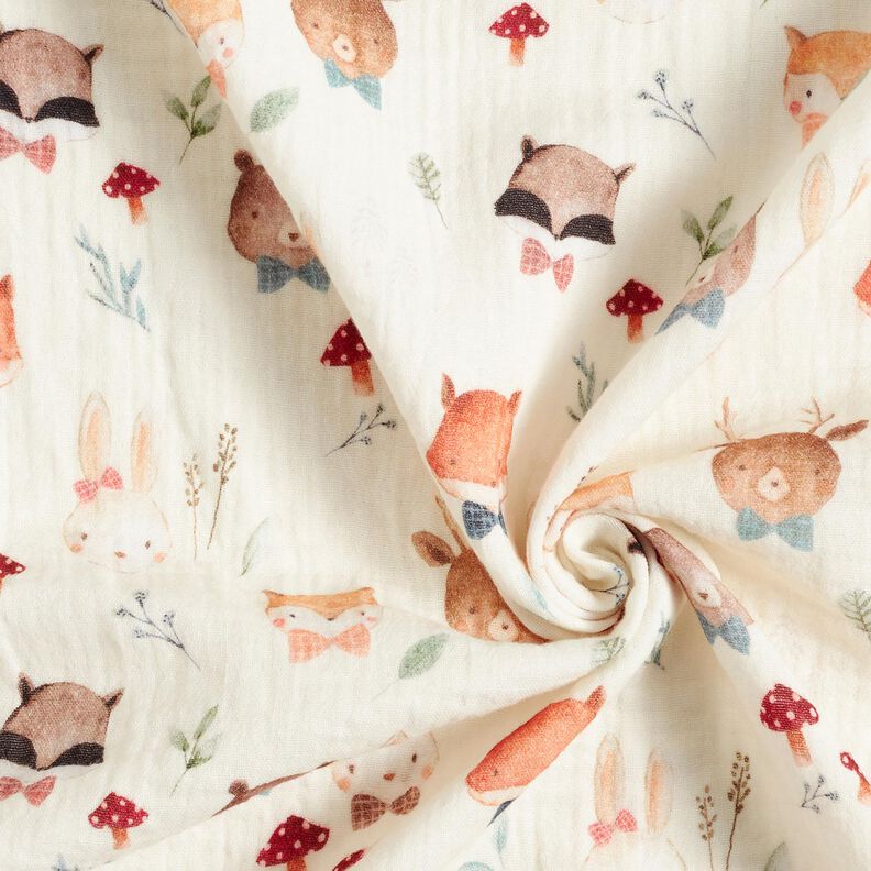 Muselina/doble arruga Cabezas de animales del bosque Impresión digital – blanco lana,  image number 3