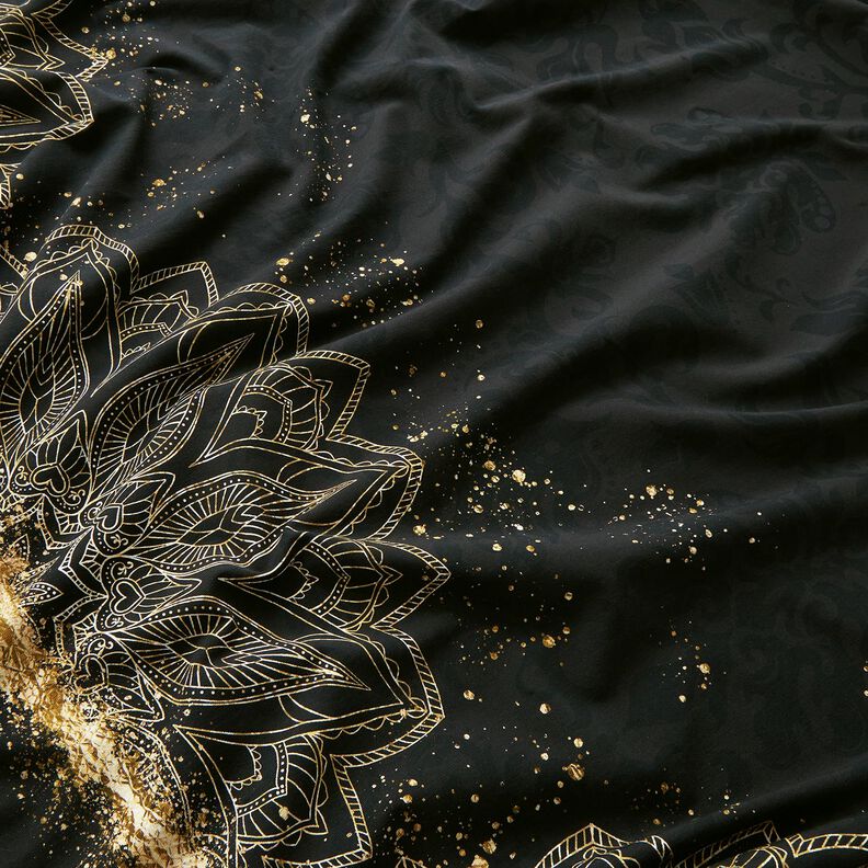 Tela de jersey de algodón Tela de cenefa mandala barroca motas doradas | Glitzerpüppi – negro,  image number 1