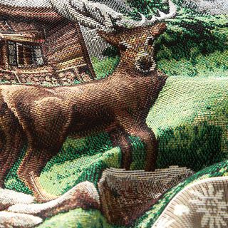 Panel decorativo Tapiz Refugio de montaña y ciervos – marrón/verde, 