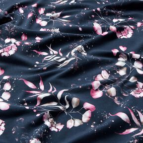Tela de jersey de algodón Eucaliptos y hortensias | Glitzerpüppi – azul noche/rosa, 