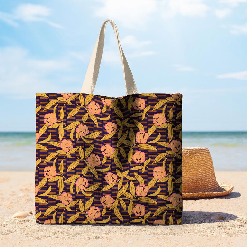 Tela decorativa Panama media Flores coloridas &ndash; berenjena/naranja claro,  image number 7