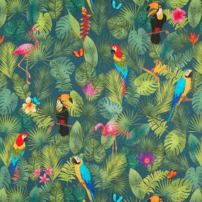 Tela decorativa Panama media aves tropicales – verde oscuro/rojo, 