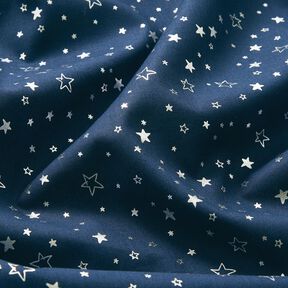 Tela de algodón Popelina Estampado de lámina Estrellas navideñas – azul noche/plata metalizada, 