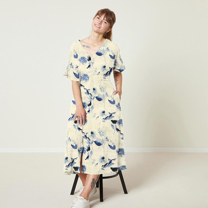 Mezcla de lino y viscosa Rosas de acuarela – naturaleza/azul marino,  image number 5