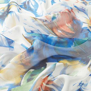 Chifón de seda Flores expresivas – blanco/azul, 
