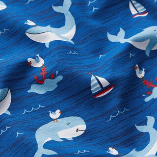 Tela de jersey de algodón Ballenas, barcos y gaviotas – azul, 