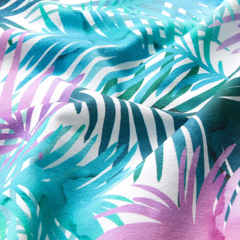 Tela de jersey de algodón Hojas de palmera coloridas | Glitzerpüppi – blanco,  image number 1