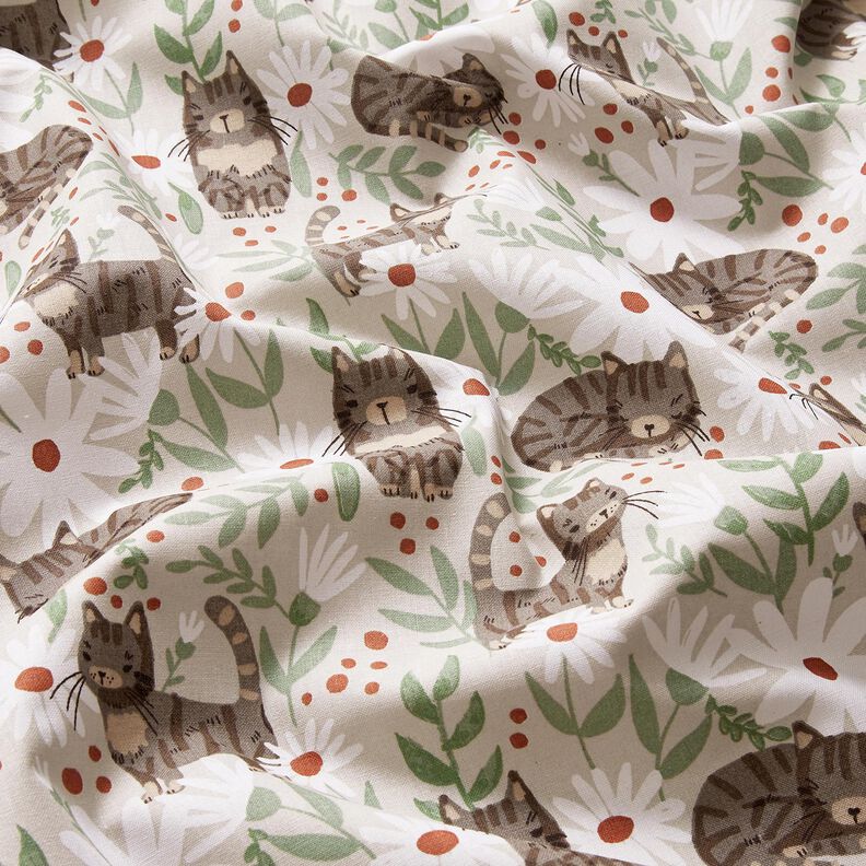 Tela de algodón Cretona Gatos en el prado de flores – gris plateado,  image number 2
