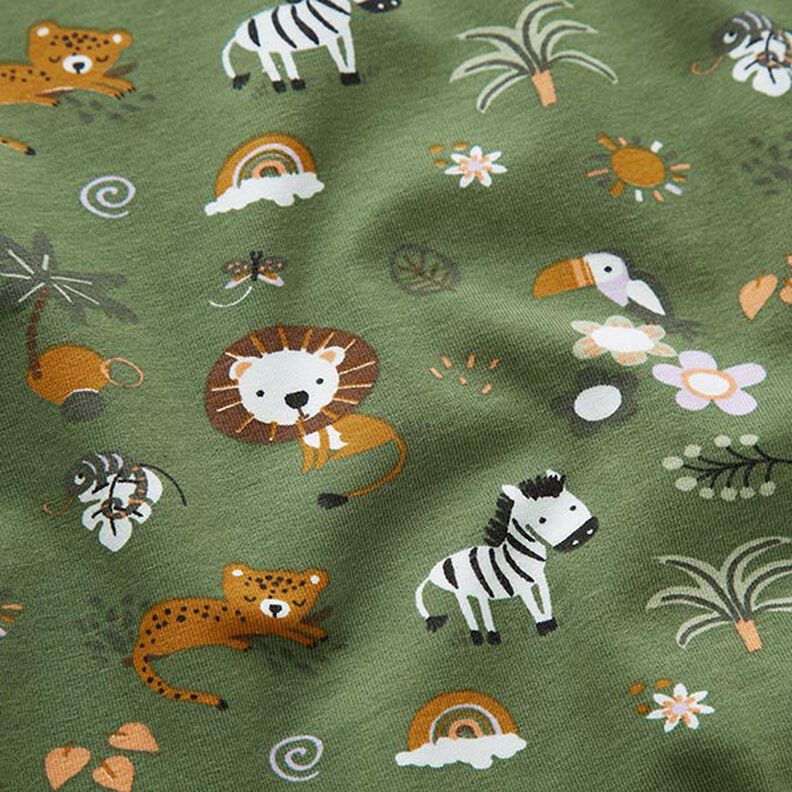 GOTS Tela de jersey de algodón Lindos animales de la selva – pino,  image number 2