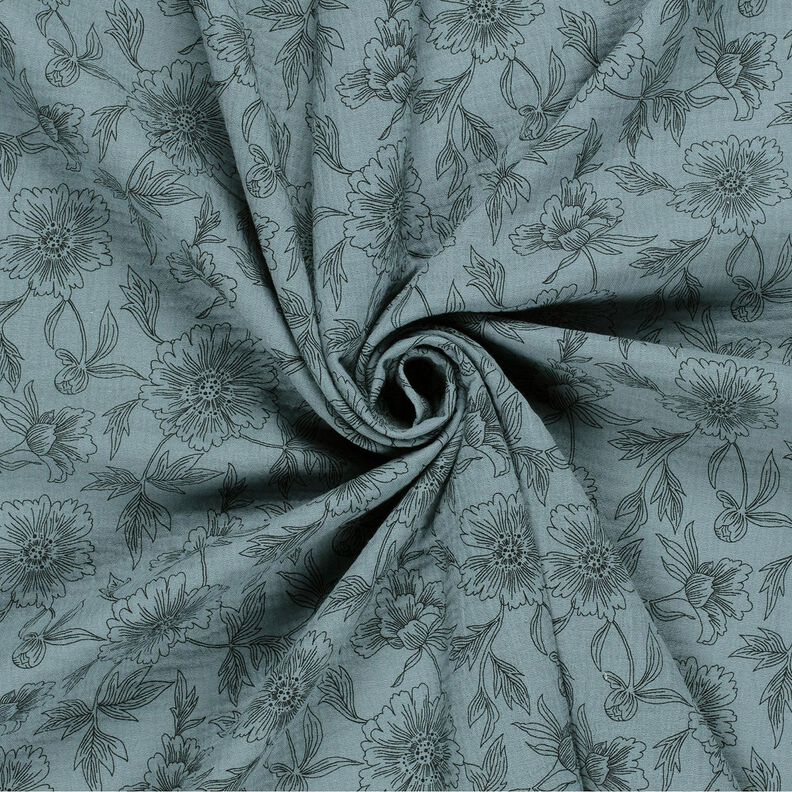Muselina/doble arruga Flores grandes – azul gris/negro,  image number 3