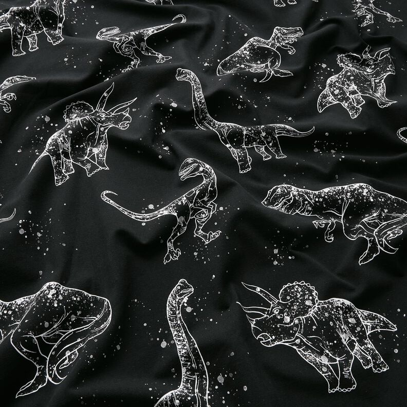 Tela de jersey de algodón Contornos de dinosaurios | Glitzerpüppi – negro/blanco,  image number 1