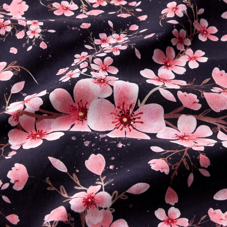 Tela de jersey de algodón Flor de cerezo | Glitzerpüppi – azul marino,  image number 1