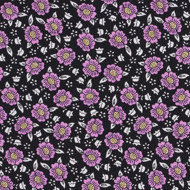 Tela de viscosa Mar de flores – negro/violeta pastel,  image number 1