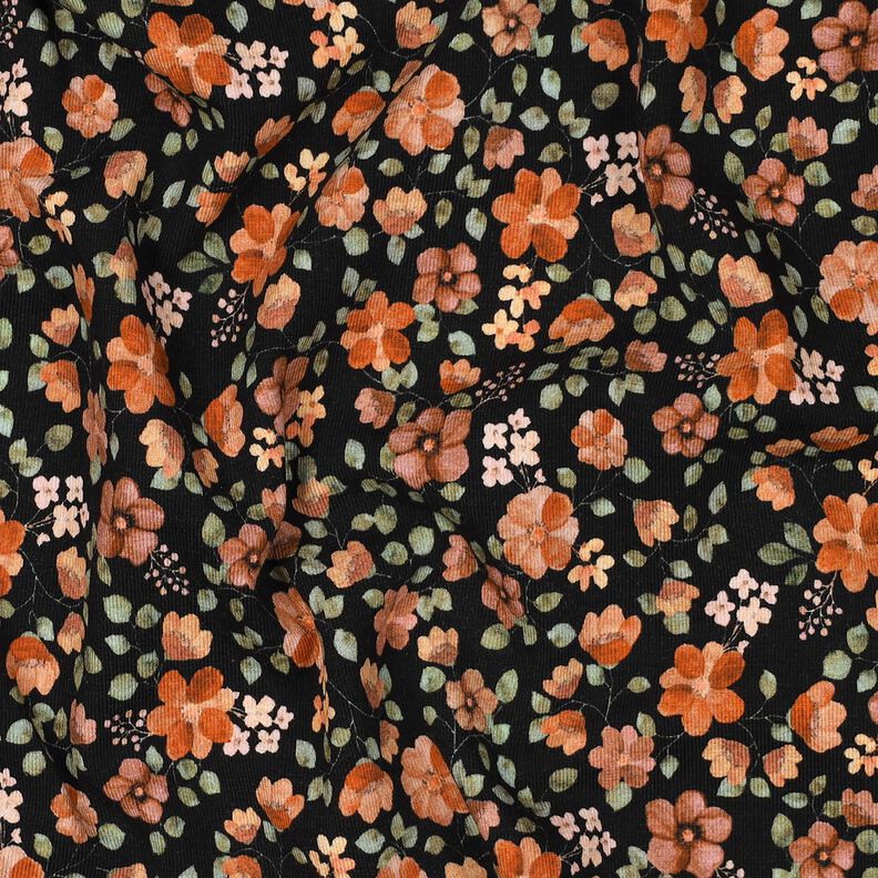 GOTS Tela de jersey de algodón Flores de otoño Impresión digital – negro/naranja melocotón,  image number 2