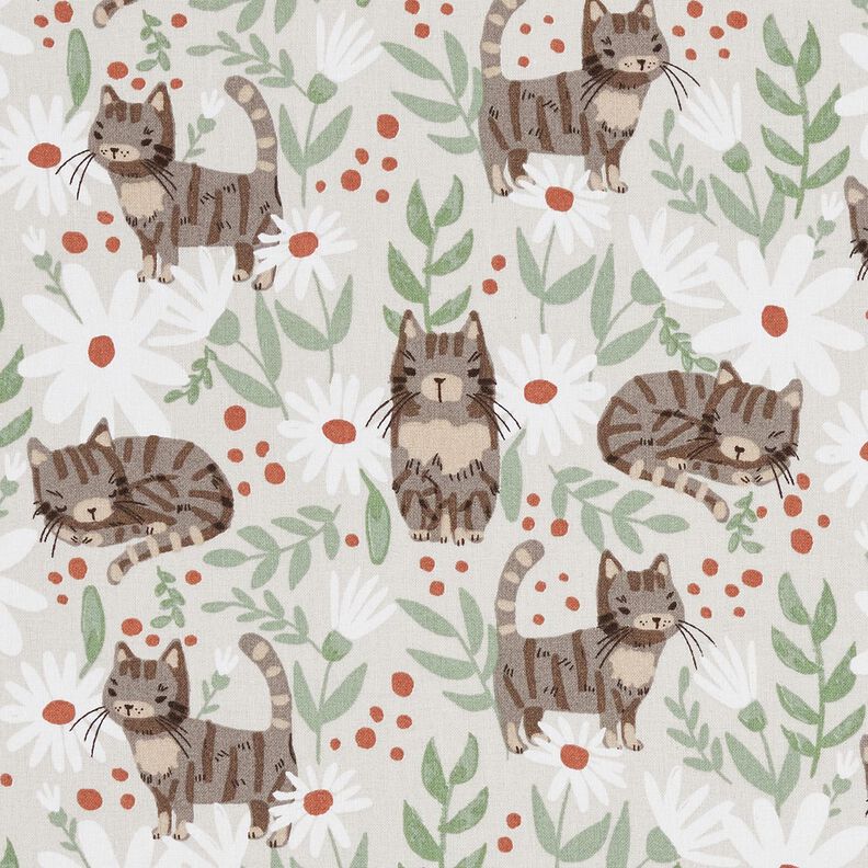 Tela de algodón Cretona Gatos en el prado de flores – gris plateado,  image number 1